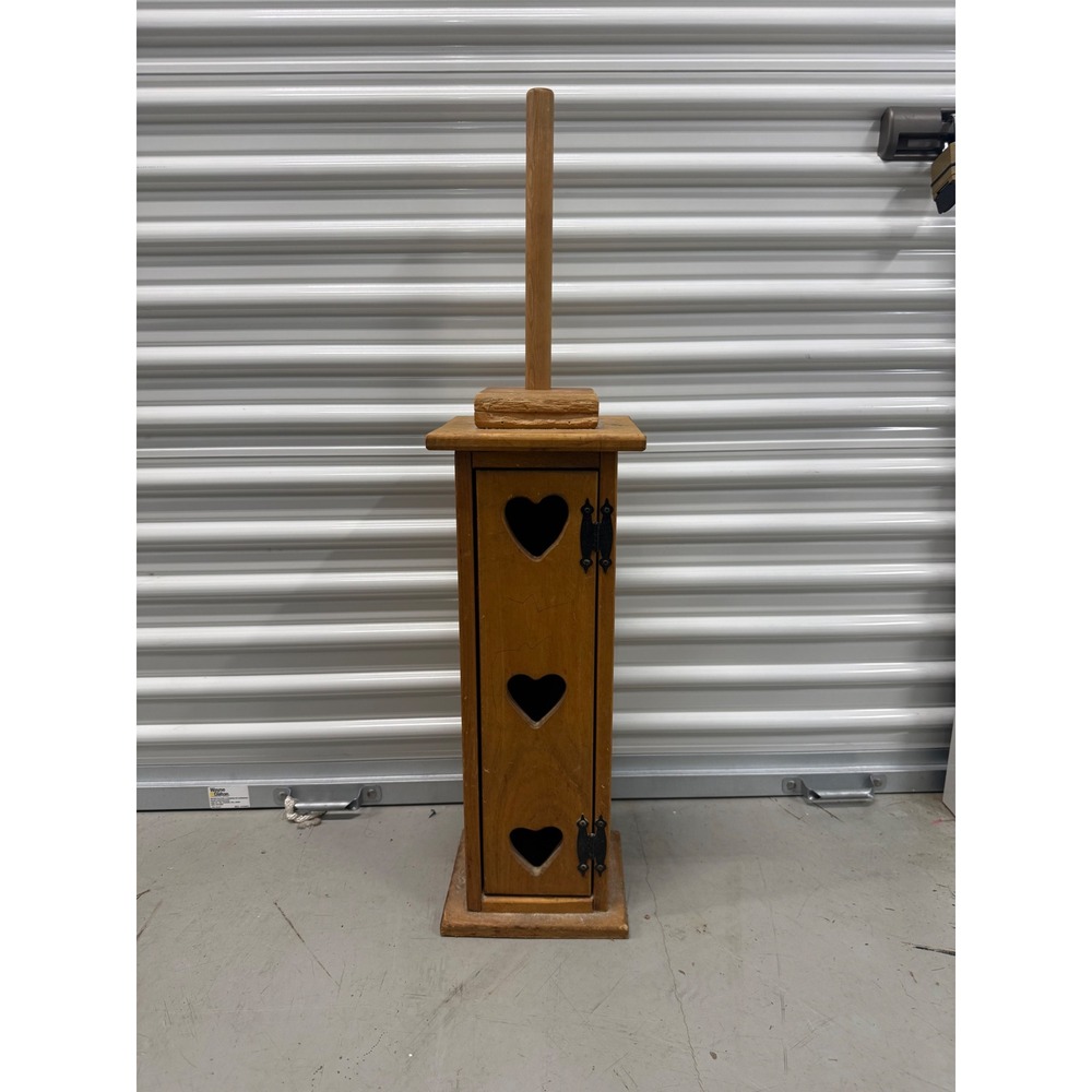 Vintage Rustic Wood Toilet Paper Holder Heart Cutouts Farmhouse Storage Cabinet